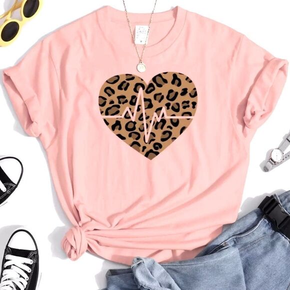 NEW! Girly Blush Pink Heart & Leopard Print Short Sleeve T-Shirt - Picture 2 of 7